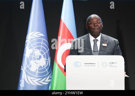 Baku, Aserbaidschan. November 2024. Tiemoko Meyliet Koné, Vizepräsident von Côte d'Ivoire, spricht während des ersten Teils des hochrangigen Segments der Klimakonferenz der Vereinten Nationen im Plenarsaal von Nizami während der COP29, einer Veranstaltung des UNFCCC im Olympiastadion von Baku. Die COP29, die ab November 11-22 läuft, konzentriert sich auf die Ermittlung von CO2-Ausgleichsmaßnahmen für saubere Energie. (Foto: Dominika Zarzycka/SOPA Images/SIPA USA) Credit: SIPA USA/Alamy Live News Stockfoto