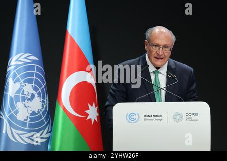 Baku, Aserbaidschan. November 2024. Geraldo Alckmin, Vizepräsident Brasiliens, spricht während des ersten Teils des hochrangigen Segments der Klimakonferenz der Vereinten Nationen im Plenarsaal von Nizami während der COP29, einer Veranstaltung des UNFCCC im Olympiastadion von Baku. Die COP29, die ab November 11-22 läuft, konzentriert sich auf die Ermittlung von CO2-Ausgleichsmaßnahmen für saubere Energie. (Foto: Dominika Zarzycka/SOPA Images/SIPA USA) Credit: SIPA USA/Alamy Live News Stockfoto
