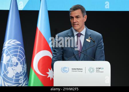 Baku, Aserbaidschan. November 2024. Pedro Sánchez Pérez-Castejón, Präsident der spanischen Regierung, spricht während des ersten Teils des hochrangigen Segments der Klimakonferenz der Vereinten Nationen im Plenarsaal von Nizami während der COP29, einer Veranstaltung des UNFCCC im Olympiastadion von Baku. Die COP29, die ab November 11-22 läuft, konzentriert sich auf die Ermittlung von CO2-Ausgleichsmaßnahmen für saubere Energie. (Foto: Dominika Zarzycka/SOPA Images/SIPA USA) Credit: SIPA USA/Alamy Live News Stockfoto