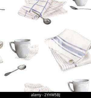 Küchentücher mit blauem Streifen auf nahtlosem Muster. Aquarellabbildung in digitaler Form. Servietten, Porzellanbecher und Löffel isoliert auf weiß Stockfoto
