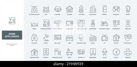 Mikrowelle und Kühlschrank, Toaster und Kaffeemaschine der Küche, Kleiderschrank dünne schwarze Umrisssymbole Vektorillustration. Haushaltsgeräte, Smart Equipment und Möbel von House Line Icons. Stock Vektor