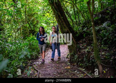 George of the Cloud Forest, Reiseleiter und Spezialist, führt eine junge Frau durch den Nebelwald von Monterey während der Fauna-Tour in Costa Rica Stockfoto