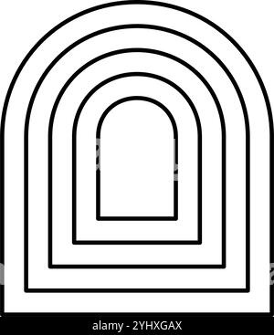 Wiederkehrende konzentrische Bogenformen im ästhetischen postmodernen Stil, isoliert auf schwarzem Hintergrund. Abstrakte geometrische y2k-Figur. Vektorgrafik. Stock Vektor