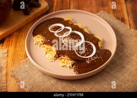 Enmoladas Hühnchen. In Mexiko werden sie Enchiladas de Mole Poblano genannt, Maistortillas gefaltet und mit gehacktem Huhn gefüllt, das in einer Sauce c gebadet wird Stockfoto