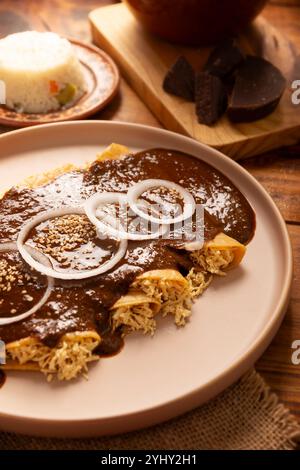 Enmoladas Hühnchen. In Mexiko werden sie Enchiladas de Mole Poblano genannt, Maistortillas gefaltet und mit gehacktem Huhn gefüllt, das in einer Sauce c gebadet wird Stockfoto