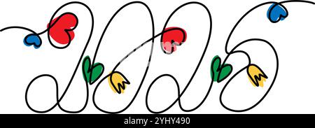 2026 Handschriftkonzept eine durchgehende Linie mit dekorativen Herzen, Blumen und bunten Formen. Isolierter EPS-Vektor. Karten, Poster, Banner, Broschüre, Preisschild, Label oder Web, Design-Konzept für Werbeaktionen Stock Vektor