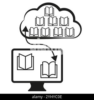 Symbol Cloud Library. Digitale Buchspeicherung. Online-Dokumentensystem. Vektor für die gemeinsame Nutzung von Daten. Stock Vektor