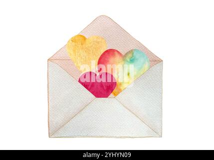 Bunte Herzen in einem offenen Umschlag isoliert auf weiß. Handgemalte Aquarellillustration. Perfekter Valentinstag, für Liebeskarten, Poster, Blog Stockfoto