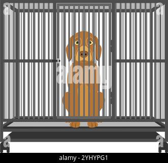 Trauriger Hund im Käfig, Vektorillustration isoliert auf weißem Hintergrund. Stock Vektor