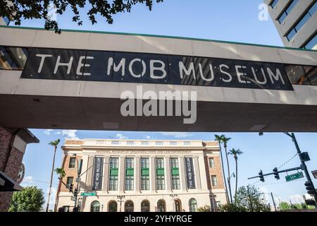 LAS VEGAS, 21. AUGUST 2024: Eintritt in das Mob Museum in Las Vegas, Nevada, offiziell National Museum of Organized Crime and Law Enforcement, of Stockfoto