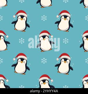 Nahtloses Muster des süßen weihnachtsmannspinguins. Nahtloses Weihnachtsmuster mit Pinguin. Vektorabbildung Stock Vektor
