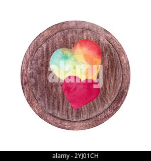 Zwei bunte Herzen größer und kleiner auf einem Holztablett isoliert auf weiß. Handgemalte Aquarellillustration. Perfekter Valentinstag, aus Liebe Stockfoto