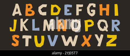 Papierkorrektur. Buntes Collage-Set mit Großbuchstaben. Basteln Sie Kid Schriftart Elemente Bundle für Dekoration, Poster, Banner, Druck. Lösegeld-Stil abc-Pack in Großbuchstaben. Vektor Stock Vektor