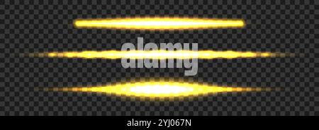 Leuchtendes gelbes Leuchtstoffröhrenset. LED-Lichtstrahl-Sammlung. Helle leuchtende fluoreszierende Stablinien. Glänzend warme Farbstreifen-Elementpaket zum Teilen, Trennen, Verzieren. Vektorabbildung Stock Vektor