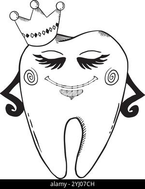 Ein fröhlicher und verspielter Zahncharakter, mit einer Krone gekleidet, strahlt Charme aus und fördert die Zahngesundheit. Handgezeichnete Vektor-Schwarzweiß-Grafiken in Strichgrafik für Kinder. Stock Vektor