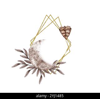 Mond, Kräuterblumen und Schmetterling in Braun- und Beigetönen Rahmen Aquarellillustration. Kosmischer Körper isoliert vom Hintergrund. Astrologie der Mond-pha Stockfoto