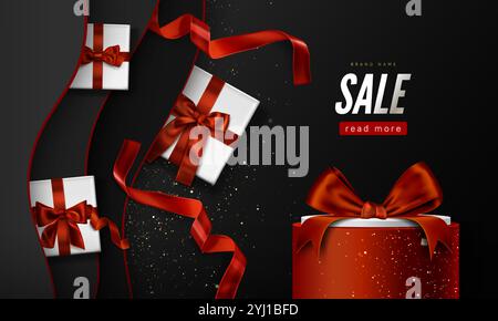 Elegantes Werbebanner mit weißen Geschenkboxen mit purpurroten Bändern auf schwarzem Hintergrund. Floating präsentiert ein Podium mit einem Zylinder mit Werbetext für Premium-Urlaubsangebote. Stock Vektor