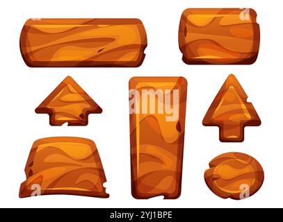 Holzelemente für Spielelemente mit natürlicher Körnung. Set aus rechteckigen Tasten, Richtungspfeilen, kreisförmigen Bedienelementen und Bedienfeldern für mobile rpg-Apps, Fantasy-Schnittstellen oder rustikales Design. Stock Vektor