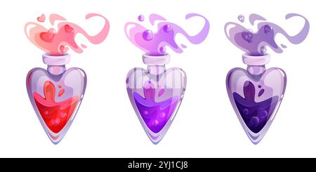 Magische Flaschen in Herzform mit verzauberten Tränken in Rosa, Violett und tiefviolett. Mystischer Cartoon-Rauch mit winzigem schwebenden Liebessymbol, runder und Schädelblase entweicht aus Glasfläschchen. Stock Vektor