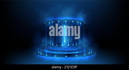 Das kreisförmige Podium strahlt blaues Neonlicht, vertikale Lichtstrahlen und nebeligen Rauch aus. Futuristische runde Stufenplattform mit leuchtenden Ringen für High-Tech-Produktwerbung oder Sci-fi-Präsentationsfläche. Stock Vektor