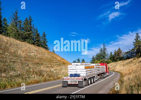 Leistungsstarker roter großer Lkw-Auflieger mit verlängerter Fahrerkabine für den Transport von befestigtem Holz auf einem Flachlader-Auflieger, der auf dem Summ läuft Stockfoto