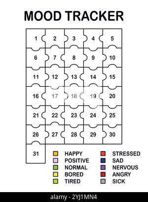 Stimmungs-Tracker in Pixel. Kalender monatlich, jährlich, wöchentlich, tagtäglich. Kalender für persönliche und geschäftliche Probleme. Gefühlsplaner, Gewohnheitstracker Stock Vektor