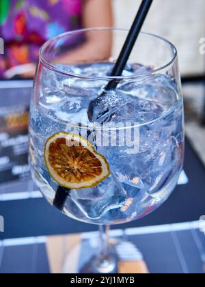 Gin Tonic mit Zitrone und Eis in einem Glas auf dem Tisch Stockfoto