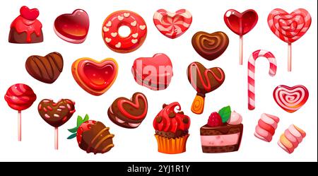 Valentinstag Herz rosa Bonbons Lollypop, Süßigkeiten und Süßwaren. Valentinstag Schokolade, Muffins oder Cupcakes, Marshmallow, Donuts und Kuchen für romantische Feiertage, Dating und festliche Geschenke Stock Vektor