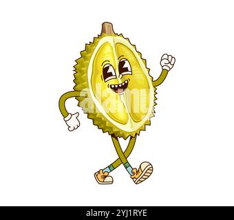 Groovige tropische Durianfrucht-Charakter mit fröhlichem Ausdruck, der verspielte und tropische Atmosphäre einfängt. Isolierter Comic-Vektor fröhlich, exotisch fruchtige Persönlichkeit lächelt und zeigt positive funky Stimmung Stock Vektor