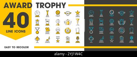 Verleihung der Trophäenlinie mit Symbolen für den Siegerpokal, Belohnungspreis und Abzeichen, Vektor-Piktogrammen. Verleih Trophäen und Sportmeistermedaille für Fußball, Musik oder Lied und Kino Siegespokale Stock Vektor