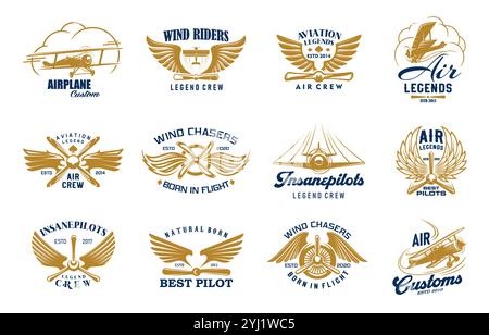 Flugzeug- und Flugzeugsymbole. Retro-Flugzeug, Windfahrer, Legende Piloten und Vektorabzeichen für die Luftfahrt. Vintage-Doppeldecker-Flugzeuge, Propeller und Flügel, Wolken und Flugzeuge isolierte Symbole der Luftfahrt Stock Vektor