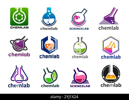 Laborsymbole, chemische Labore für Vektorchemie, Forschung, Biotechnologie, Biologie und Medizin. Laborteströhrchen, Glasbecher und Kolben mit Farbreagenzien, Blasen und Blatt Stock Vektor