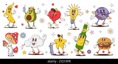 Lustige, groovige Charaktere und Retro-Hippie-Charaktere. Vektor süßer Fast Food Burger und Bierflasche, psychedelisch grooviger Planet, Stern und Banane, Hippie Pilz, Herzen und Glühbirnen Charaktere Stock Vektor