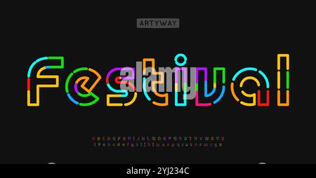 Buntes Neonkonturalphabet, leuchtende lineare Buchstaben, leuchtende Röhrenschrift für Y2K-Arcade-Logo, verspielte farbige Festival-Headline, mehrfarbiges Nachtleben Stock Vektor