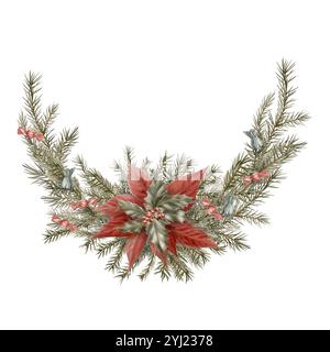 Vintage Weihnachtskranz halbrunde Form von Weihnachtsstern und Fichtenzweigen mit Süßigkeiten als Symbol für Feiertag, Wunder. Aquarellabbildung Stockfoto