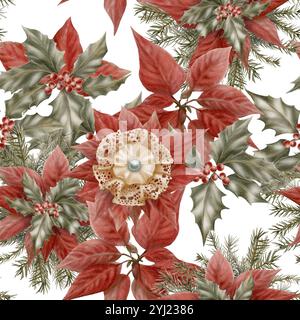 Vintage Weihnachten nahtlose Muster von roten Weihnachtsstern Blumen, stechpalme Blätter mit Beeren, Fichtenzweige Spitze Schleifenbrosche mit Seideneinsatz in Beige mit Stockfoto