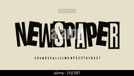 Zeitungscollage-Alphabet, ausgeschnittene Newsletterschrift für unbekannten Autorentext, Lösegeld-Notiz, geheimnisvolle Überschrift, Kunstdadaismus-Logo. Kreativer Blocker Stock Vektor