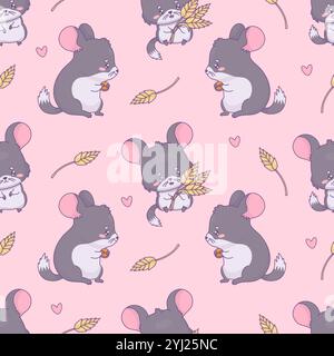 Nahtloses Muster mit süßer Chinchilla auf rosa Hintergrund mit Spikelets. Lustige Karikatur-Kawaii-Tier-Nagetier-Figur. Vektorabbildung. Kinder colle Stock Vektor
