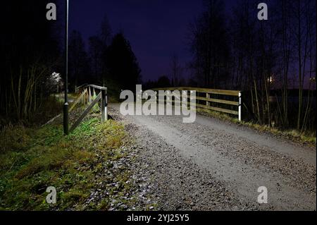 Eine ländliche Schotterstraße bei Nacht, beleuchtet durch eine Straßenlaterne und das schwache Licht des Mondlichts. Die Straße überquert eine kleine Holzbrücke, die von Holz begrenzt wird Stockfoto