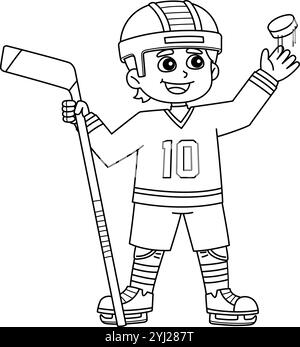 Eishockey Boy Spieler Isolierte Ausmalseite Stock Vektor