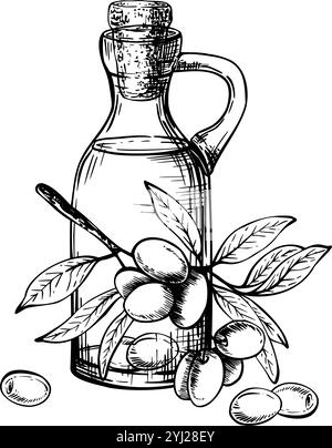 Olivenöl in Glasflasche mit Kork und Olivenbaumzweig mit Blättern und Beeren. Karaffe mit Essenssoße. Vektortinte Strichgrafik handgezeichnete Illustration Stock Vektor