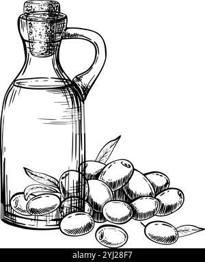 Glasflasche mit Olivenöl. Vektorabbildung. Karaffe mit Essenssoße und Oliven-Obstbeeren, Blättern. Handgezeichnete Illustration mit schwarzer Tinte Stock Vektor