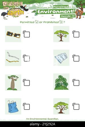 Checkliste Spiel gut für Umwelt Logik Spiel Müll und Pflanze oder Baum oder Natur für Kinder Stock Vektor