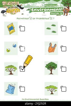 Checkliste Spiel gut für Umwelt Logik Spiel Müll und Pflanze oder Baum oder Natur für Kinder Stock Vektor