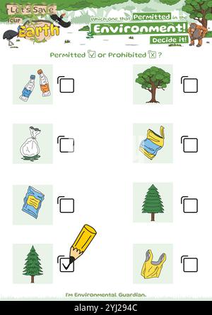 Checkliste Spiel gut für Umwelt Logik Spiel Müll und Pflanze oder Baum oder Natur für Kinder Stock Vektor