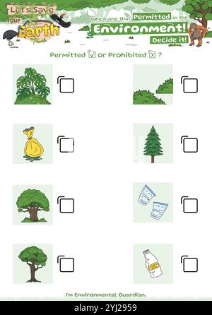 Checkliste Spiel gut für Umwelt Logik Spiel Müll und Pflanze oder Baum oder Natur für Kinder Stock Vektor