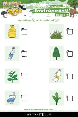 Checkliste Spiel gut für Umwelt Logik Spiel Müll und Pflanze oder Baum oder Natur für Kinder Stock Vektor