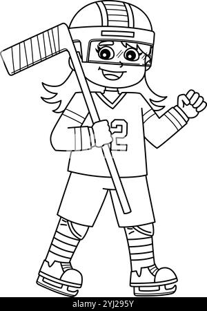 Eishockey-Mädchen-Spieler Isolierte Ausmalseite Stock Vektor