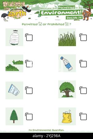 Checkliste Spiel gut für Umwelt Logik Spiel Müll und Pflanze oder Baum oder Natur für Kinder Stock Vektor