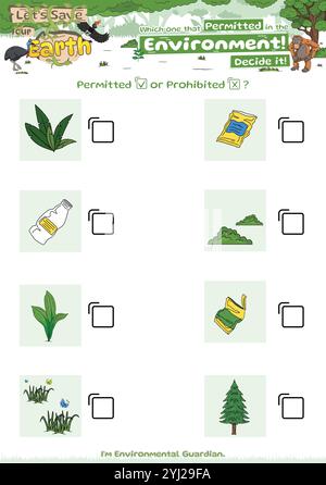 Checkliste Spiel gut für Umwelt Logik Spiel Müll und Pflanze oder Baum oder Natur für Kinder Stock Vektor